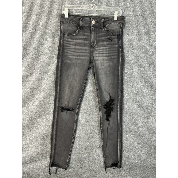 American Eagle Womens Hi Rise Jeggings Sz 8 Black Distressed Next Level Stretch - Picture 1 of 11